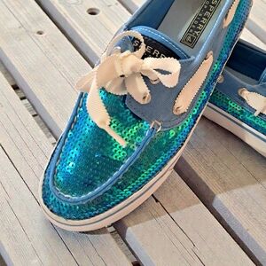 Sperry Bahama Top-Sider Boat Shoes 7.5 Iridescent Ocean Blue Sequin Rubber Sole